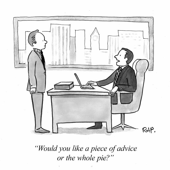 Black and white comic panel showing two men in suits in an office, part of interesting comics where animals take over the human world.