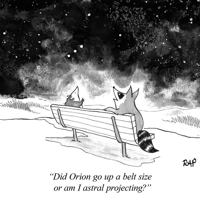 Black and white comic of animals on a bench stargazing, highlighting interesting comics where animals take over the human world humorously.