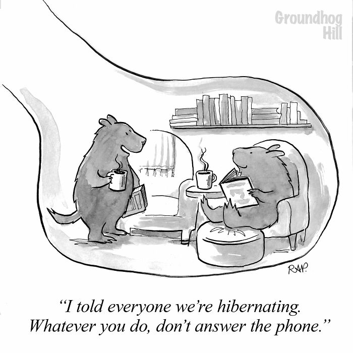 Comic by Rose Anne Prevec showing animals in a human-like setting, humorously depicting animals taking over the human world.