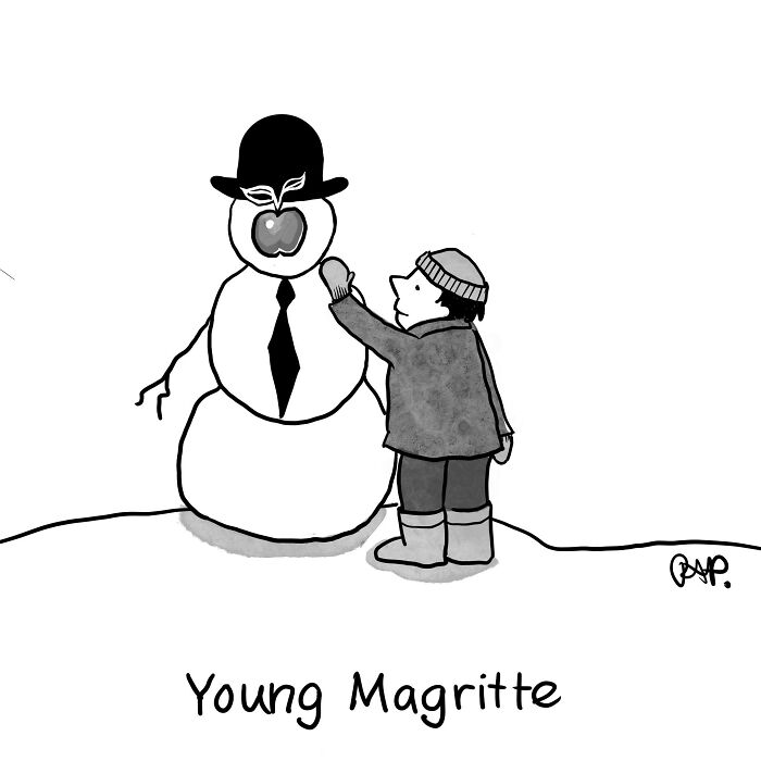 Child building a snowman with an apple face wearing a hat, featured in comics where animals take over the human world humorously.