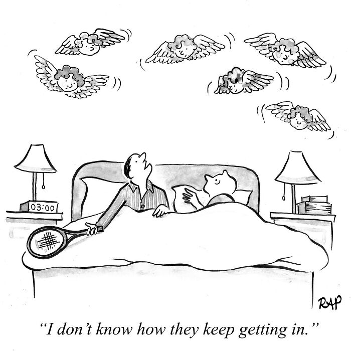 Black and white comic showing a man and a dog in bed surprised by flying animals, from comics where animals take over the human world.