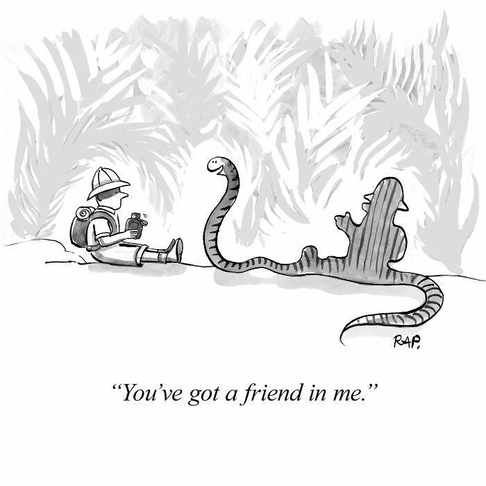 Black and white comic by Rose Anne Prevec showing a snake and a human friend in a humorous animal takeover scene.