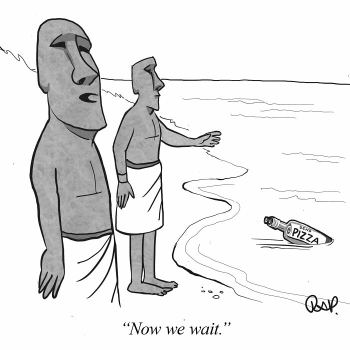 Two stone statues on a beach waiting by the shore with a message bottle in the sand, animal takeover comics style.