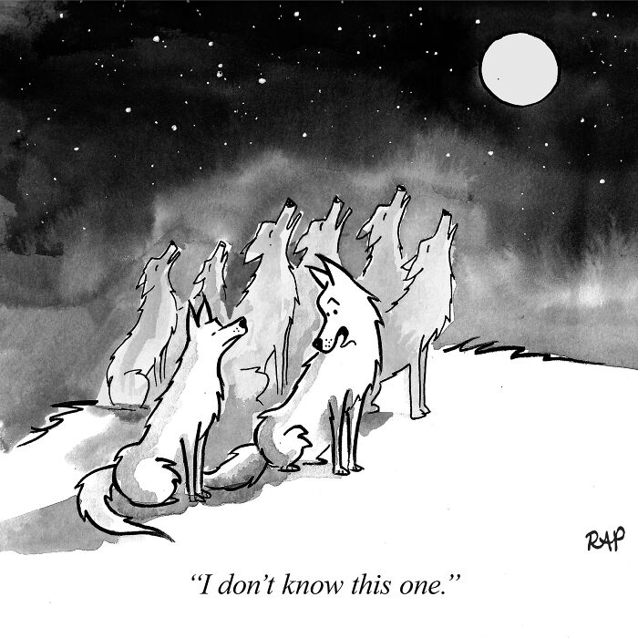 Cartoon wolves howling at the moon in a humorous comic by Rose Anne Prevec about animals taking over the human world.