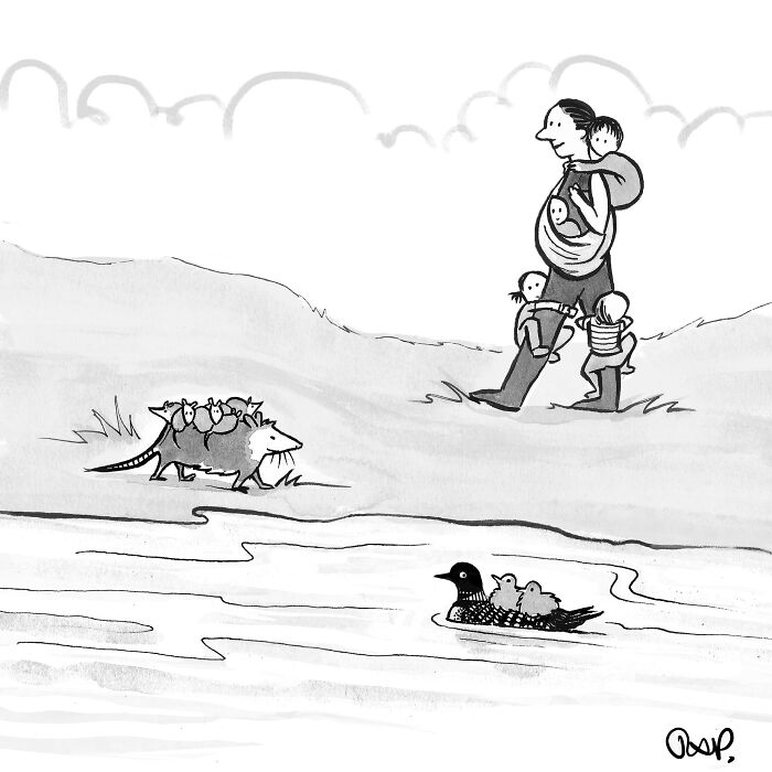 Black and white comic by Rose Anne Prevec showing animals and a woman carrying multiple children in a playful, animal takeover scene.