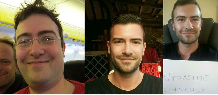 Three men smiling in selfies, sharing positive internet toasting comments and uplifting messages online.