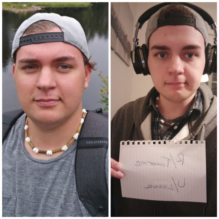 Young man wearing a backward cap outdoors and indoors holding a toast sign, featured in internet toast comments collection.