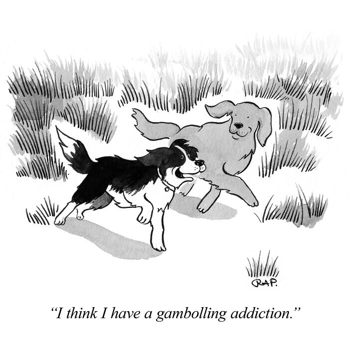 Two dogs playfully running in a grassy field in a comic where animals take over the human world humorously.