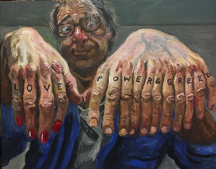 Painting of hands with words love and power & greed tattooed, depicting humorous layers and social tensions in art of contradiction.