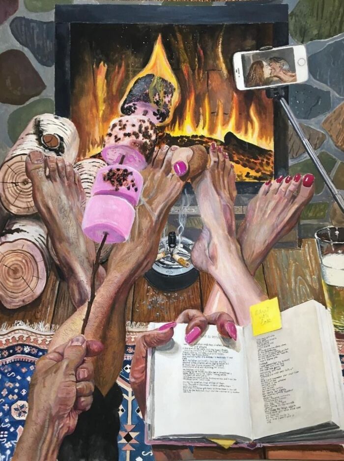 Feet with painted nails roasting marshmallows by the fire while taking a selfie and reading a book, illustrating humorous social tensions.