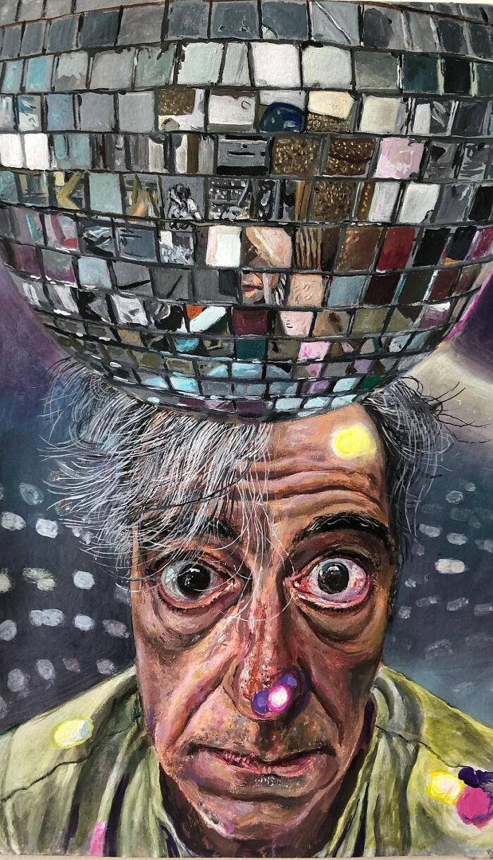 Surreal portrait showing art of contradiction with humorous layers and social tensions in a reflective disco ball headpiece.