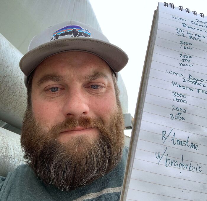 Bearded man wearing a cap holding a notebook with a toast request, part of people who asked the internet to toast them.