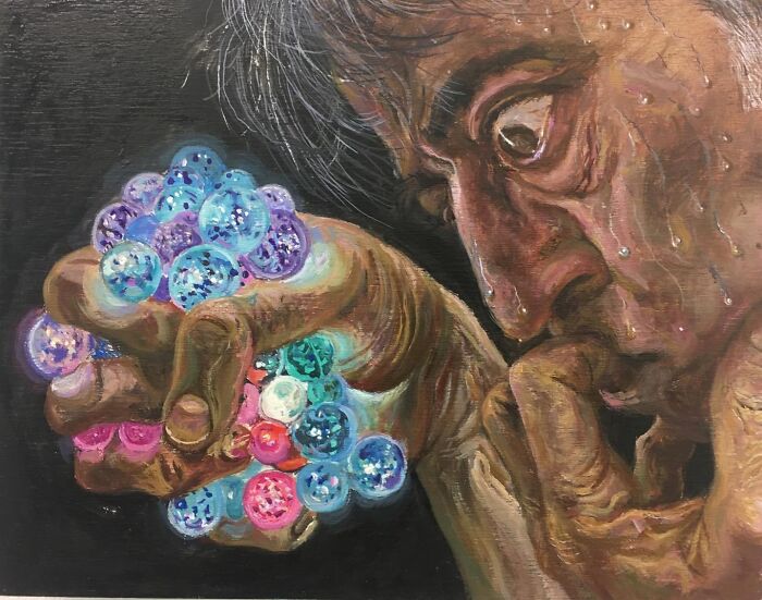 Close-up of a person holding colorful orbs, showcasing humorous layers and social tensions in an illustrated artwork.