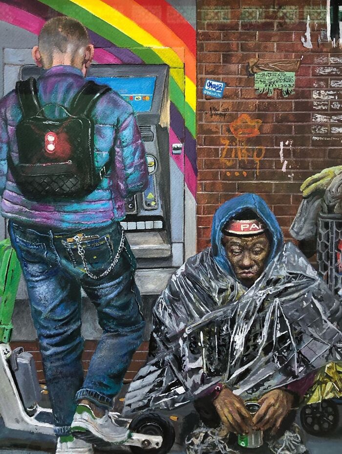 Urban artwork depicting social tensions with contrasting figures near an ATM, illustrating humorous layers in art of contradiction.