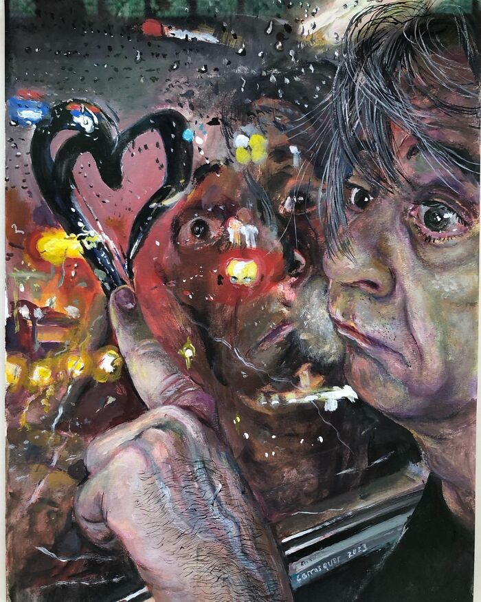 A detailed painting showing humorous layers and social tensions through a man drawing a heart on a rainy window.