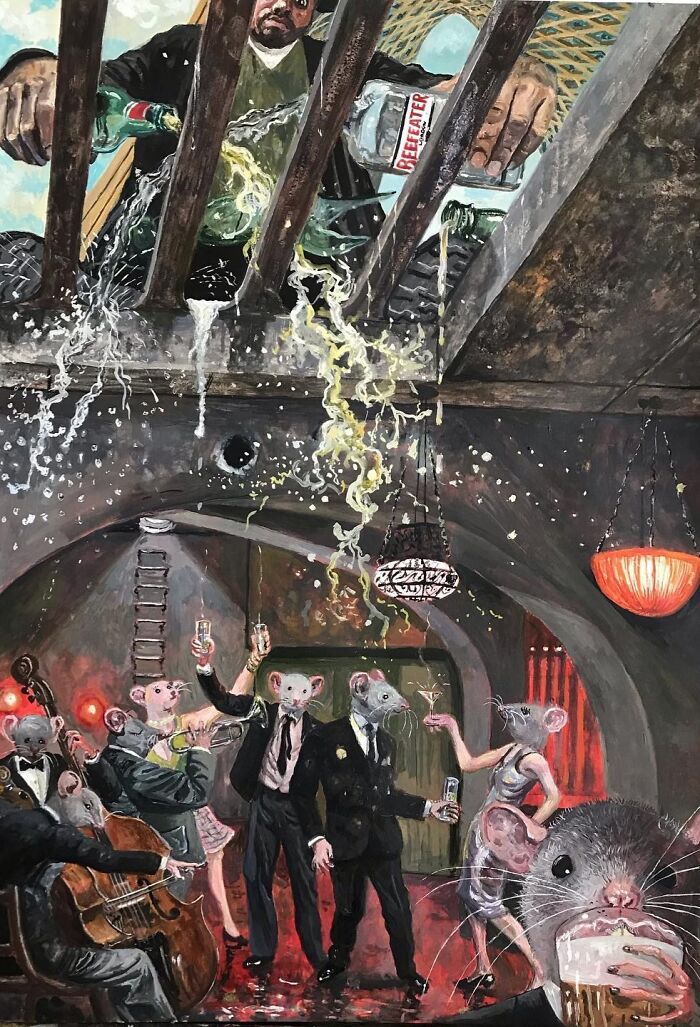 Surreal artwork illustrating social tensions with humorous layers, featuring anthropomorphic rats at a lively underground party.