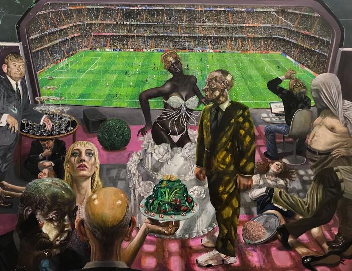 A surreal scene depicting humorous layers and social tensions at a crowded stadium viewed from a private suite.