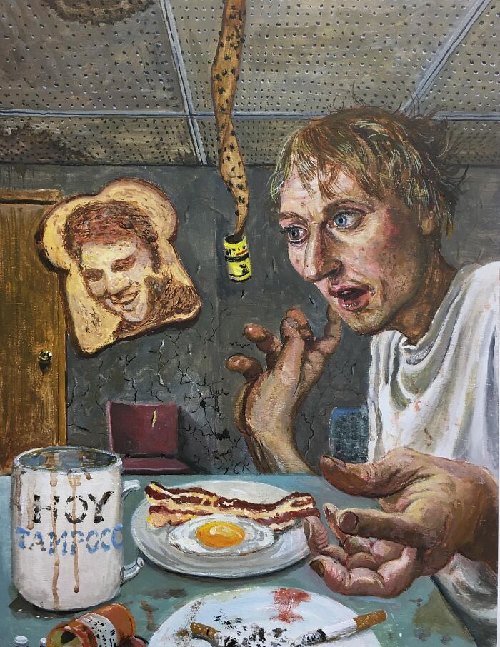 Surreal painting illustrating humorous layers and social tensions with a distressed man and bizarre breakfast elements.