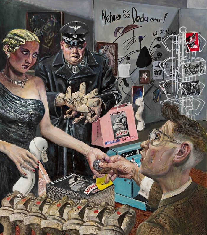 Surreal art illustrating social tensions and humorous layers with detailed characters in a tense market scene.