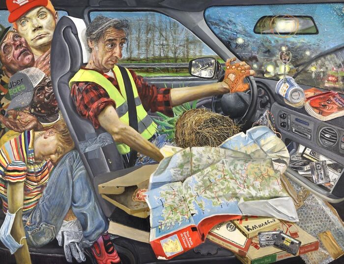 Illustration depicting humorous layers and social tensions with contrasting characters in a chaotic car interior scene.