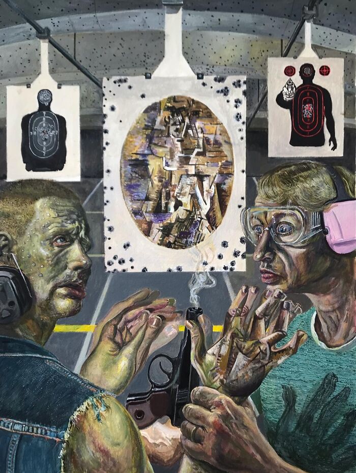Two men at a shooting range, one holding a smoking gun, illustrating humorous layers and social tensions artwork.