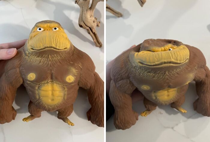 Squishy chaotic product shaped like a muscular monkey with exaggerated features and movable parts on a white surface.