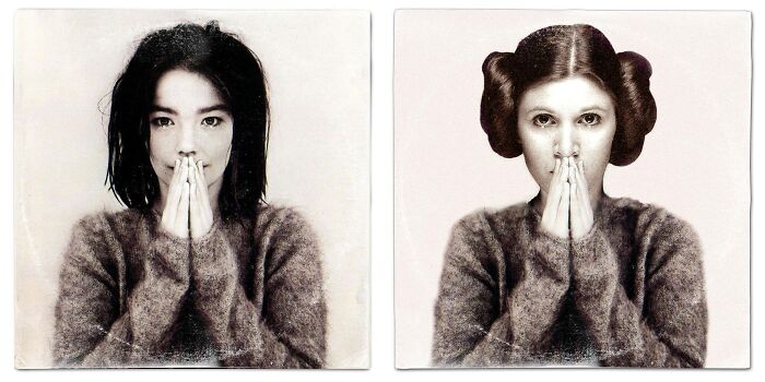 Side-by-side reimagined album covers featuring Star Wars characters with similar poses and vintage style.