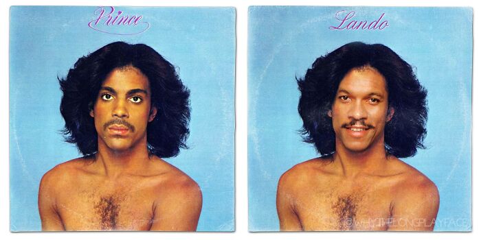 Album covers reimagined with Star Wars characters showing portraits styled as Prince and Lando with retro blue backgrounds.