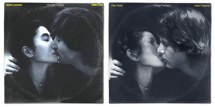 Star Wars characters reimagined on classic album covers featuring iconic couples in a vintage black and white style.