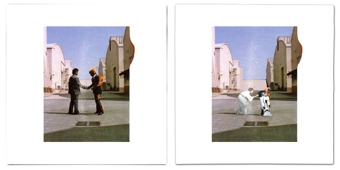 Reimagined album cover featuring Star Wars characters Princess Leia and R2-D2 in a desert-like urban setting.