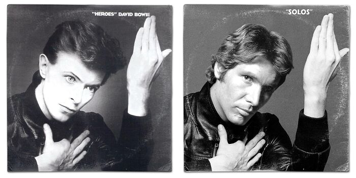 David Bowie Heroes album cover reimagined with Star Wars character Han Solo striking a similar pose in black and white.