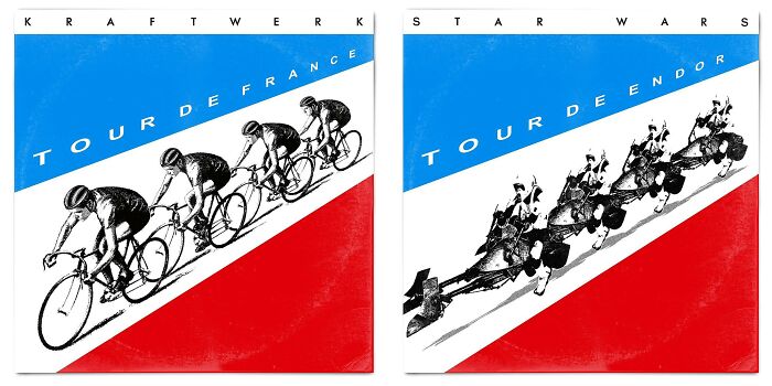 Reimagined album covers featuring Star Wars characters replacing cyclists in a creative artwork inspired by iconic music art.