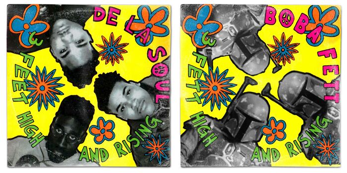 Album cover reimagined with Star Wars characters, featuring Boba Fett and vibrant graphic design elements.