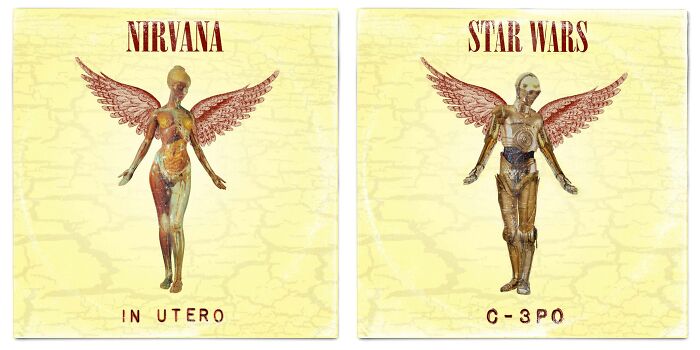 Reimagined album cover featuring Star Wars character C-3PO with angel wings on a c*****d beige background.