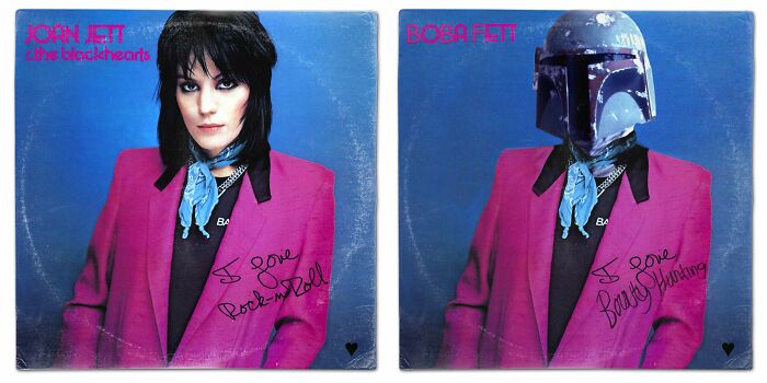 Album cover reimagined with Star Wars character Boba Fett wearing a pink jacket and blue scarf.