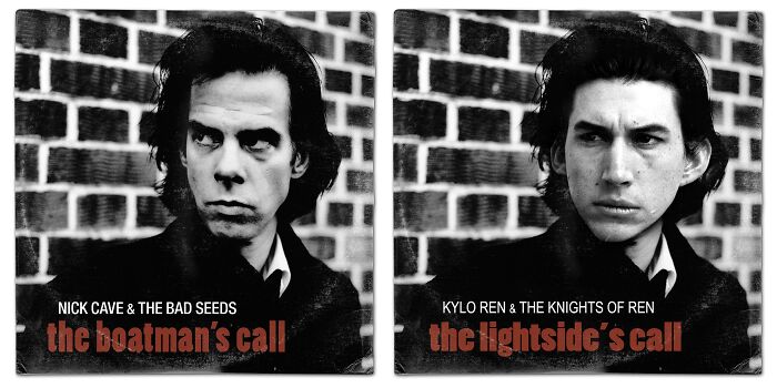 Reimagined album covers featuring Star Wars characters Kylo Ren and the Knights of Ren inspired by classic music art.