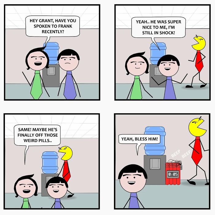 Comic panels showing witty characters blending everyday office life with supernatural elements near a water cooler and a ticking b**b.