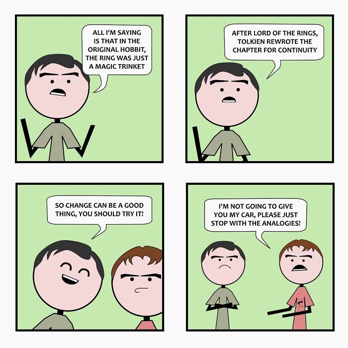 Two characters in a witty comic by Captain Sticky discussing Tolkien, change, and quirky everyday life cringe.