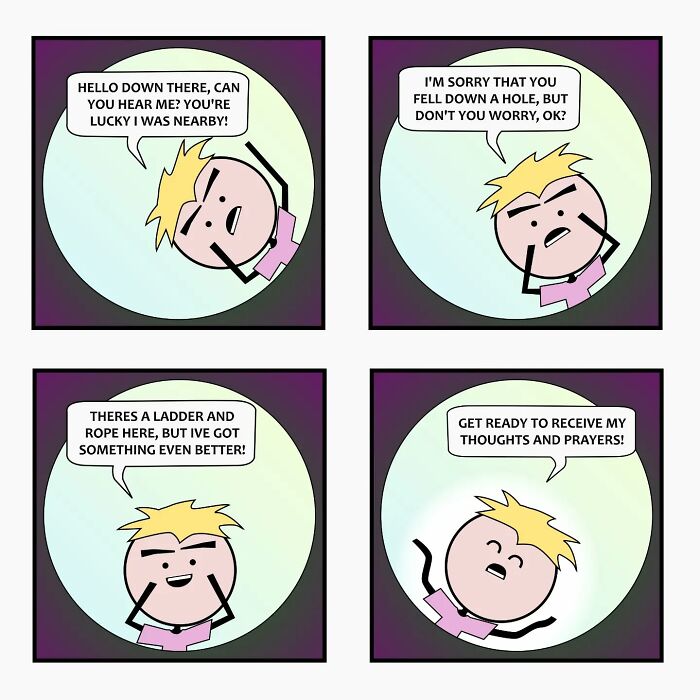 Comic strip by Captain Sticky featuring everyday life cringe and supernatural humor with a character talking down a hole.
