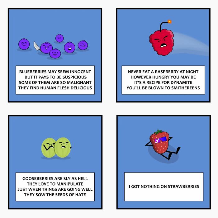 Comic panels featuring witty supernatural fruit characters blending everyday life cringe with dark humor in comics by Captain Sticky.