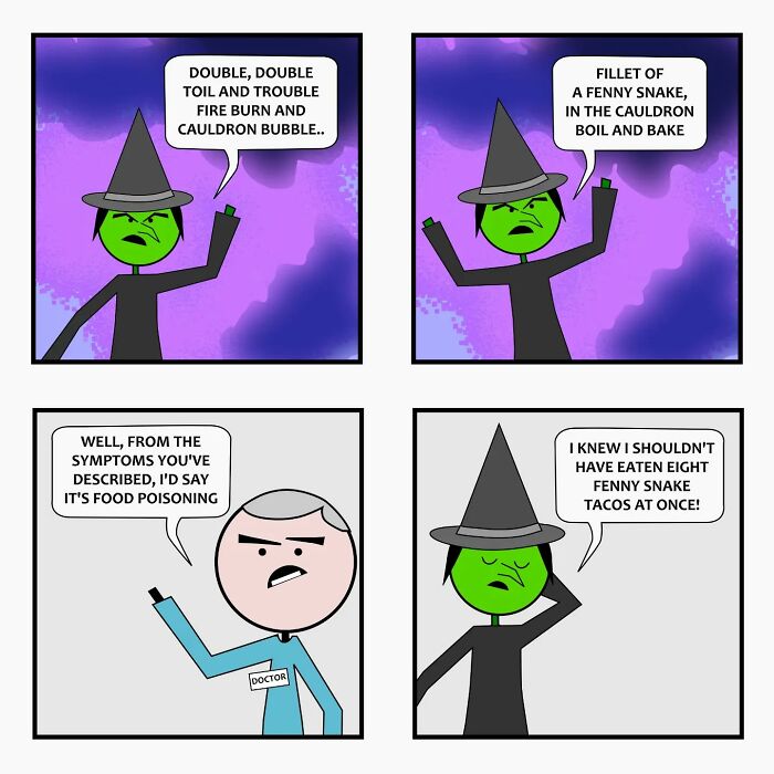 Witch casting spells and a doctor diagnosing food poisoning in a witty comic blending everyday life and supernatural.