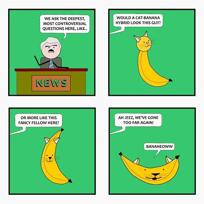 Comic panels by Captain Sticky featuring witty supernatural and everyday life cringe humor with a cat-banana hybrid character.