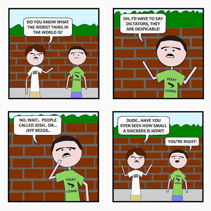 Two characters in a witty comic discussing everyday cringe moments with a humorous supernatural twist.