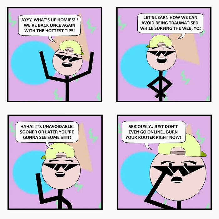 Comic panels by Captain Sticky featuring a stick figure with cap and sunglasses blending everyday life cringe with supernatural humor.