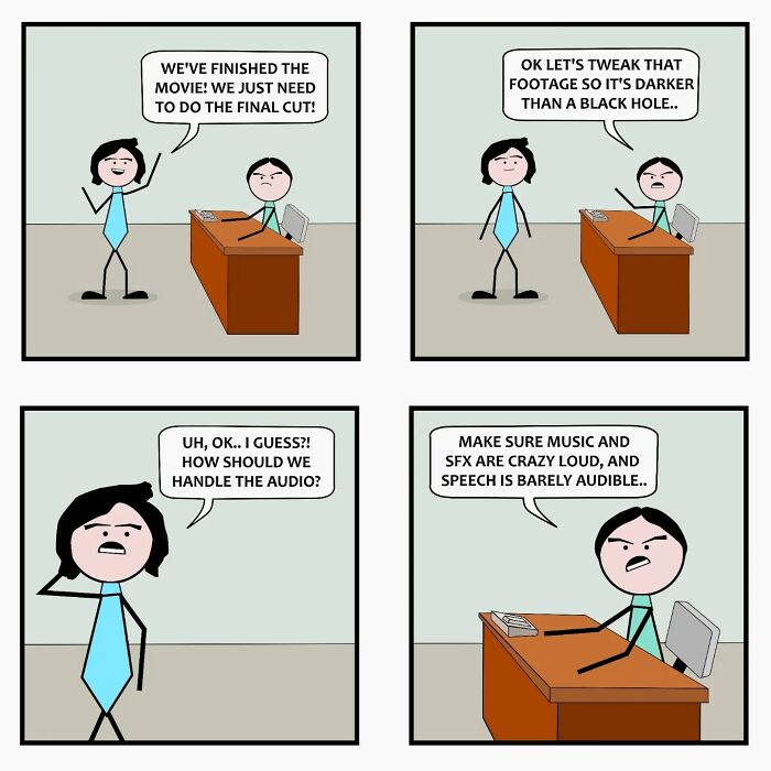 Comic strip by Captain Sticky showing two characters discussing film editing with humorous everyday life cringe and supernatural tone.