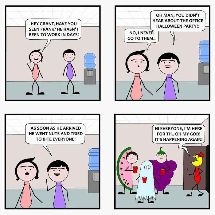 Stick figure office workers discuss a Halloween party as a coworker arrives dressed as a ghost and fruit in witty comics.