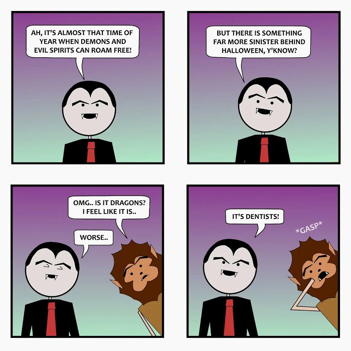 Comic panels by Captain Sticky showing a vampire and monster joking about dentists as supernatural cringe humor.