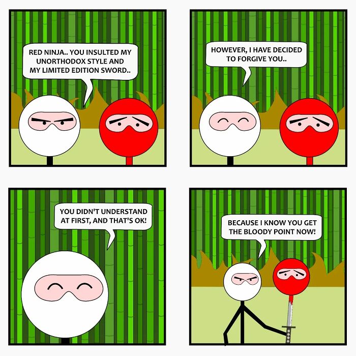Comic strip by Captain Sticky showing witty characters blending everyday cringe with supernatural ninjas in a bamboo forest setting.