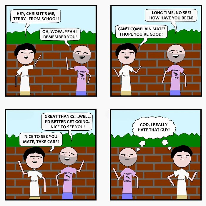 Two men awkwardly greeting and parting near a brick wall in a witty comic blending everyday life cringe with supernatural humor.