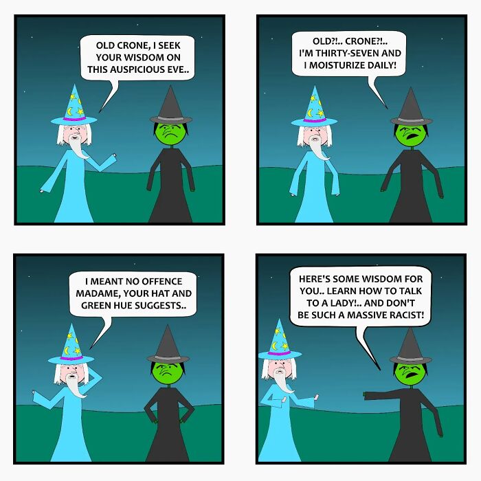 Comic strip by Captain Sticky showing two witches humorously blending everyday life cringe with supernatural wisdom and insults.